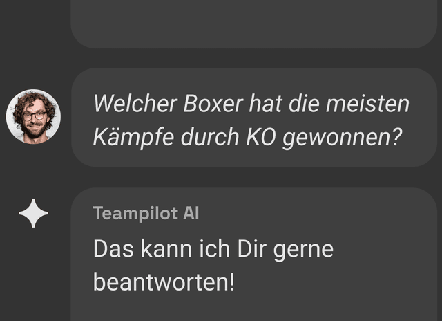 Sample chat dialog of a user asking the AI, who won the most fights by knock-out. The AI answers 'I'll gladly answer that.'
